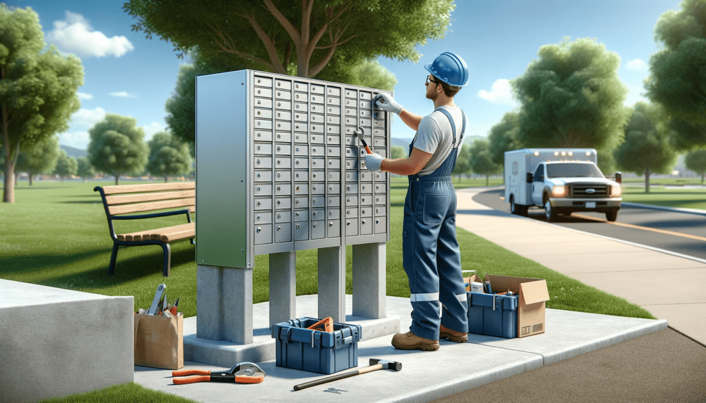 A professional male technician installing silver cluster mailboxes in a community area, using a power drill while standing on a corner. He's dressed in a gray shirt and safety vest, with tools organized beside him and a work truck in the background, under clear sunny skies.