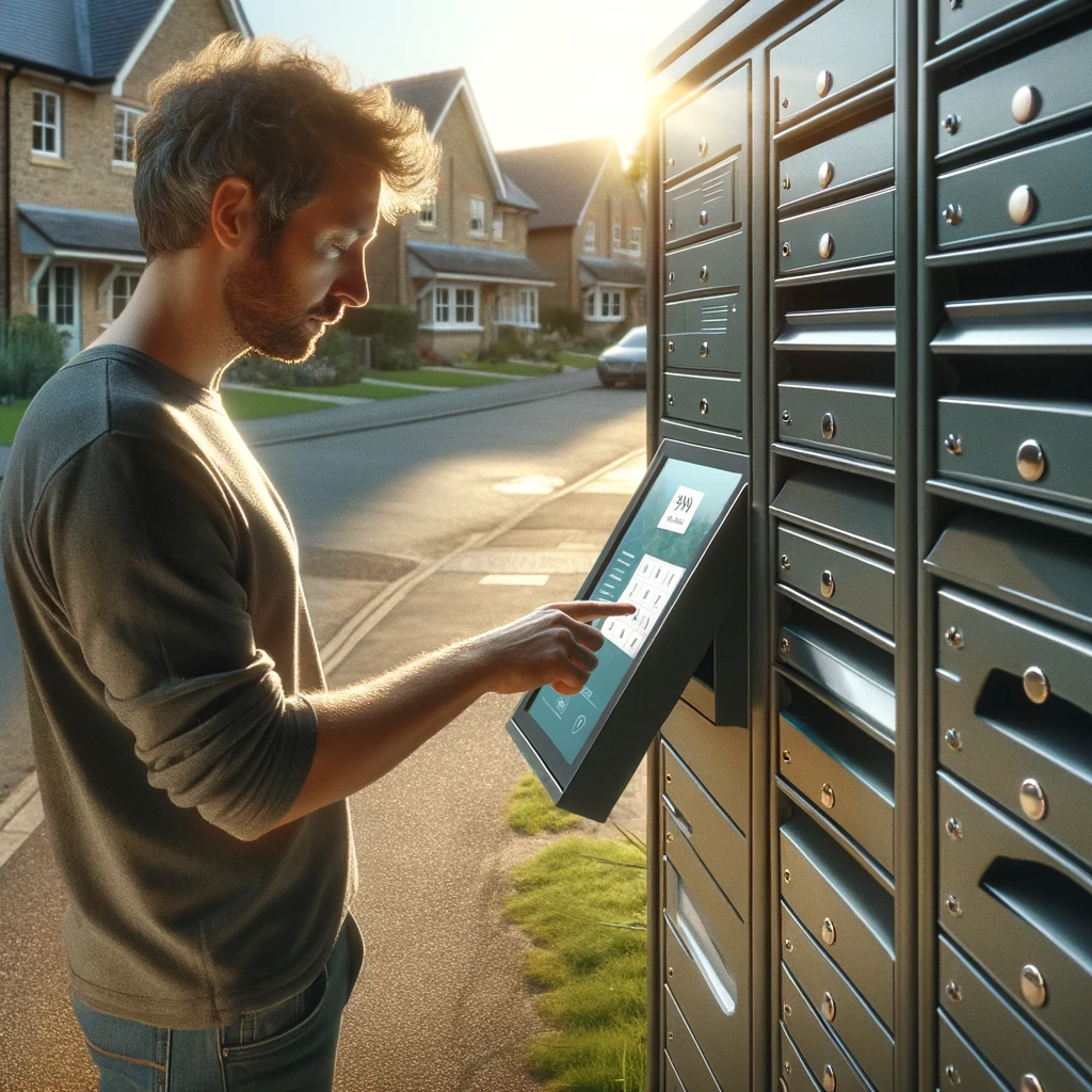 A person entering a PIN code on a touchscreen panel of a digital cluster mailbox in a suburban neighborhood, with other mailboxes and houses in the background.