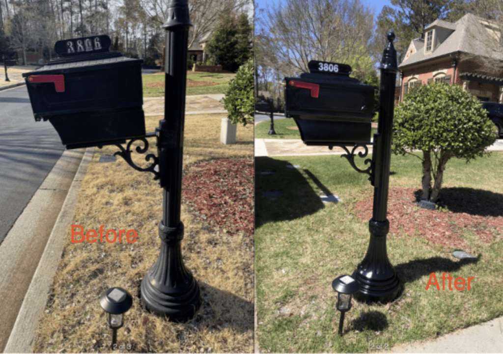 Image of a damaged mailbox on left and restored mailbox on right.