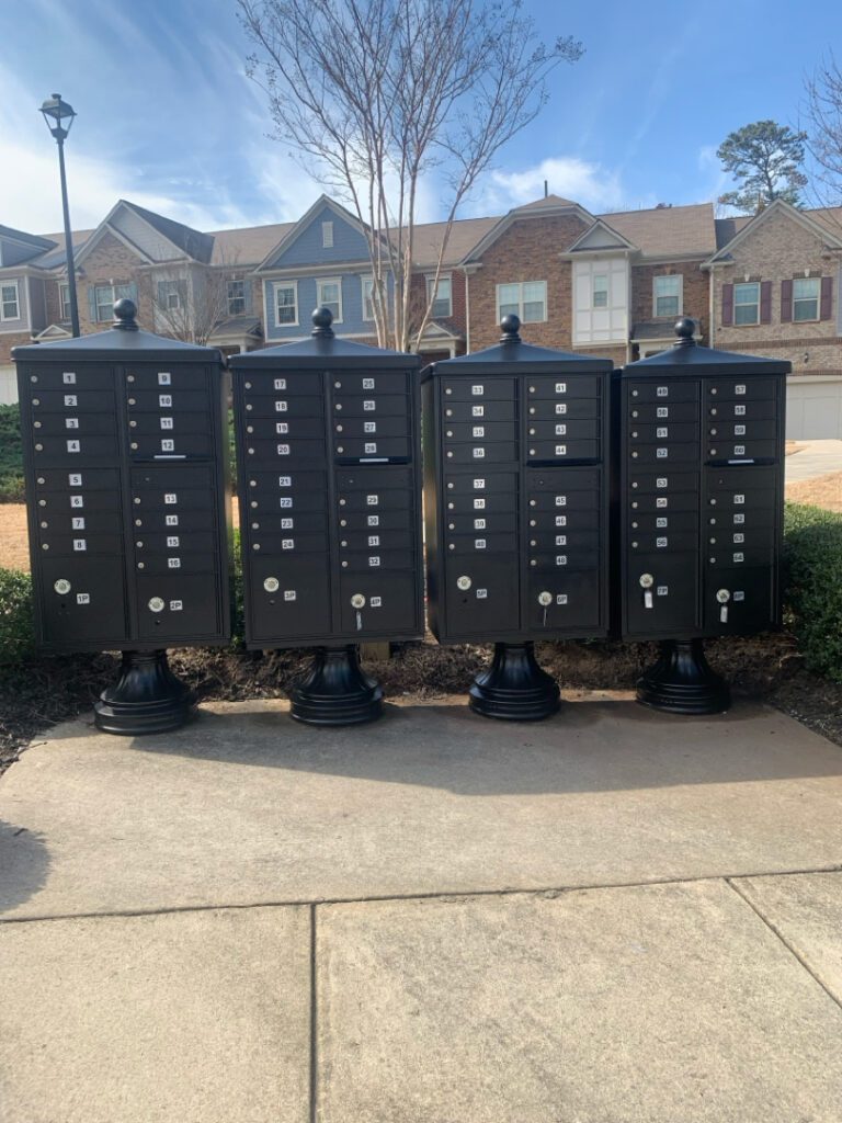 Cluster mailboxes in an apartment community.